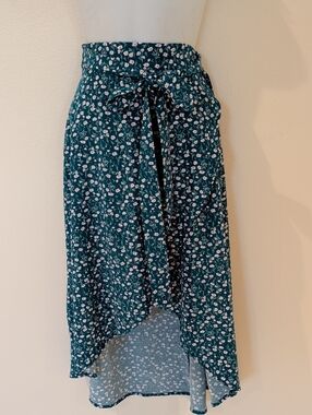 Floral Teal High-Low Tie-Waist Skirt